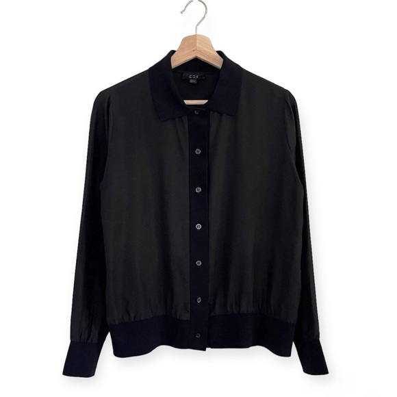 COS Knit Trim Silk Button Front Long Sleeve Top Black 4 XS / Small - Picture 1 of 13